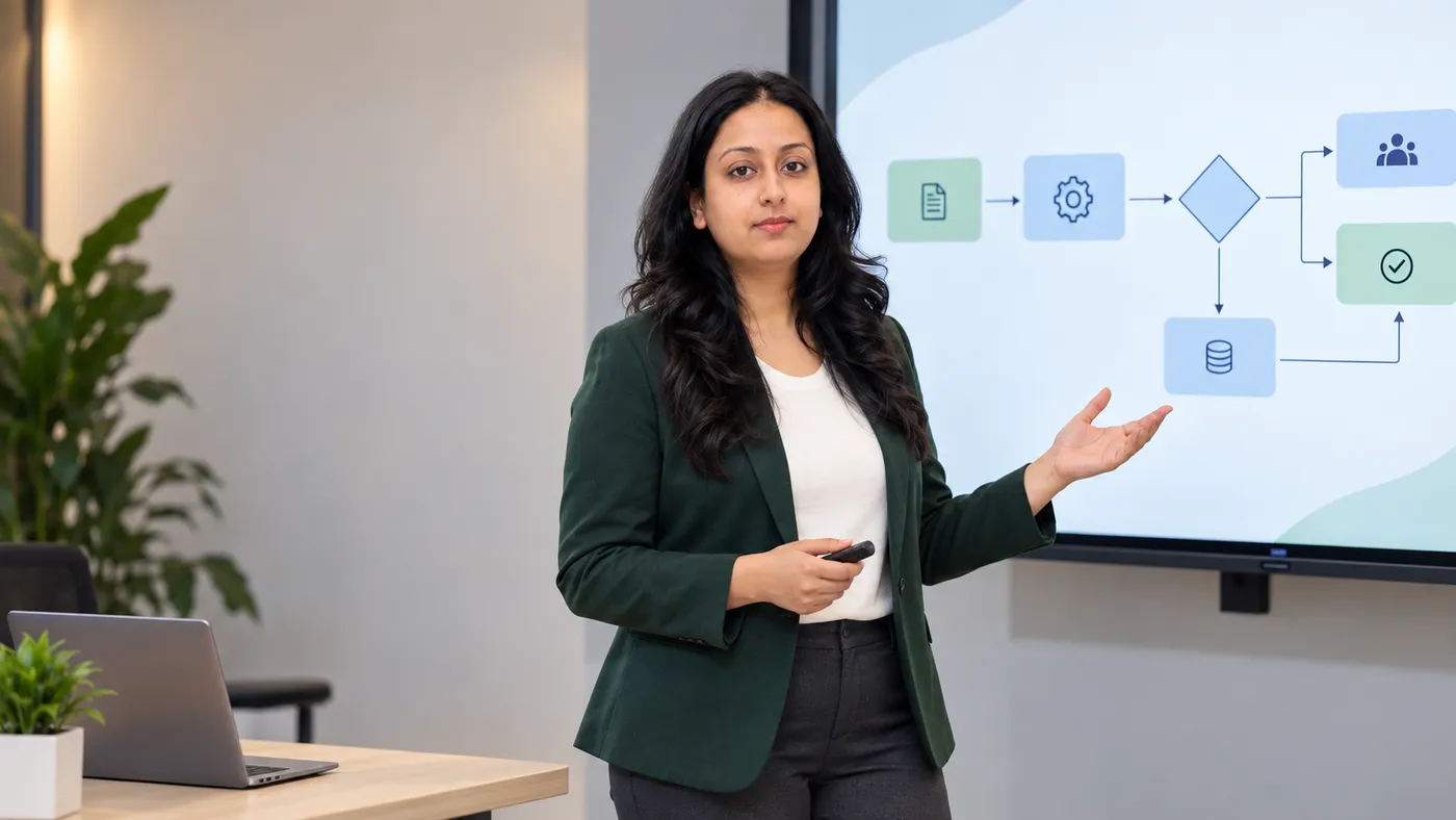 Khushbu presenting a data flow with connected steps, a decision and an approval
