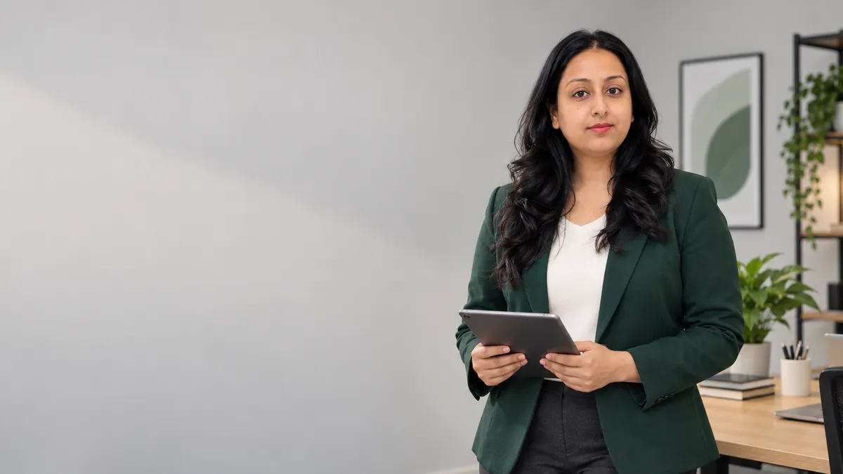 Khushbu holding a tablet in a workspace for process planning and review