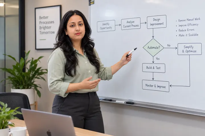 Khushbu explaining a process map with a decision point and a human review path