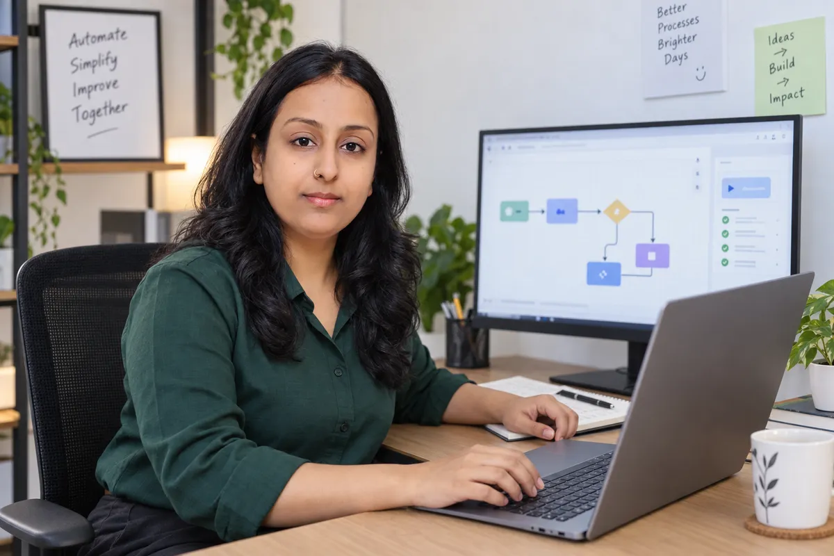 Khushbu at a laptop with a connected workflow diagram on the screen